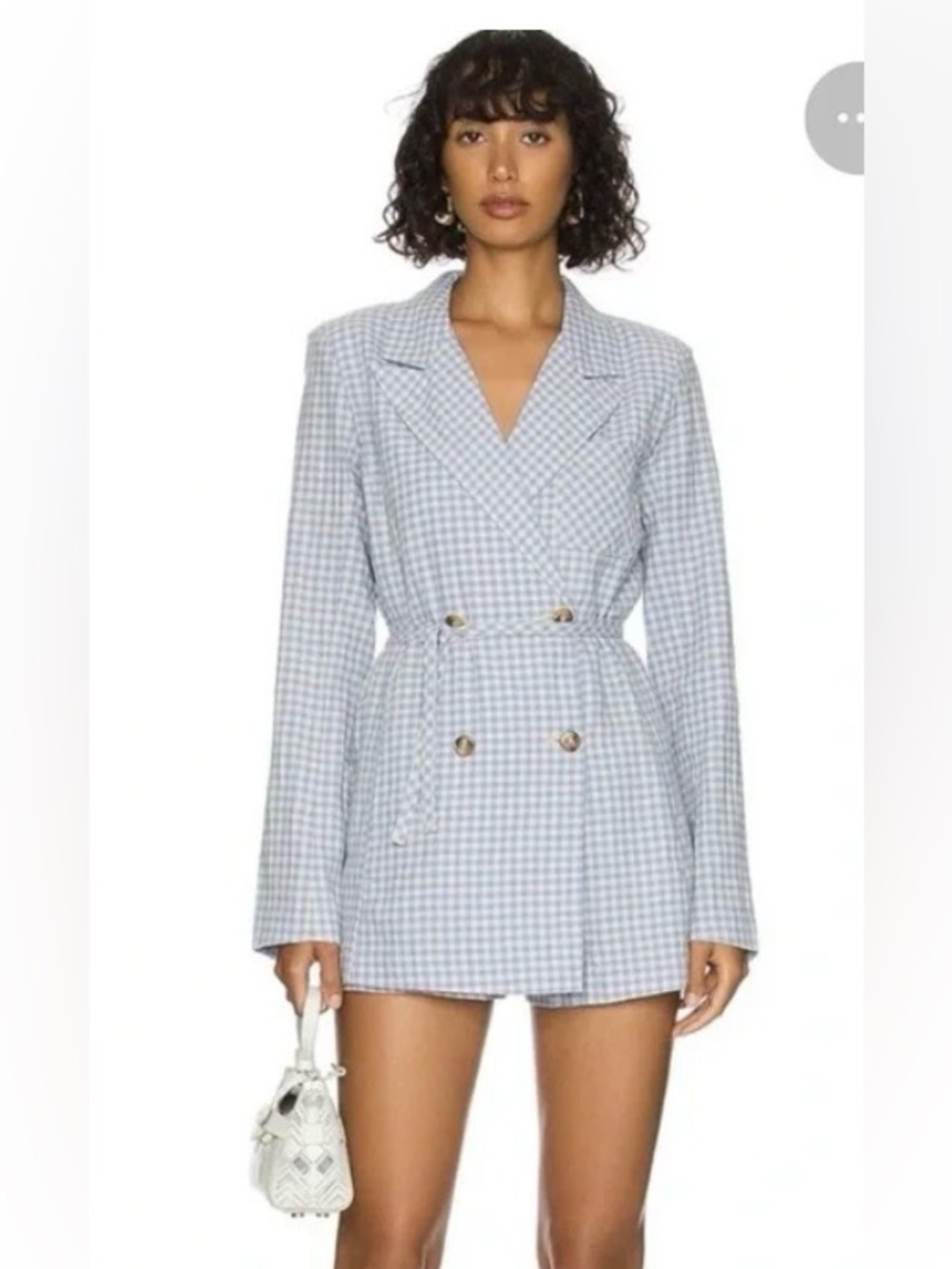 Free People Light Blue Gingham Double-Breasted Blazer